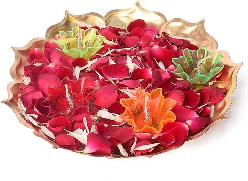 Satvik 13 Inch Metal Lotus Shape Urli With 12 Pc Multicolor Reflecting Diya Festive Diwali Decorations Housewarming Items Handcrafted Bowl for Floating Flowers Tea Light for Home, Spa, Office & Table in Saudi Arabia