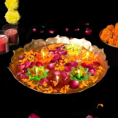 Satvik 13 Inch Metal Lotus Shape Urli With 12 Pc Multicolor Reflecting Diya Festive Diwali Decorations Housewarming Items Handcrafted Bowl for Floating Flowers Tea Light for Home, Spa, Office & Table in Saudi Arabia