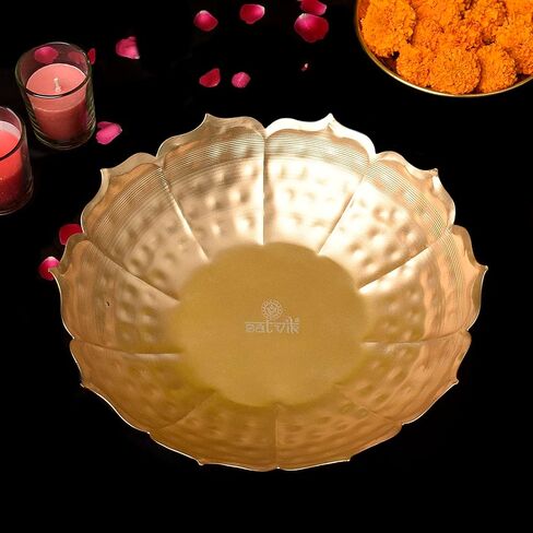 Satvik 13 Inch Metal Lotus Shape Urli With 12 Pc Multicolor Reflecting Diya Festive Diwali Decorations Housewarming Items Handcrafted Bowl for Floating Flowers Tea Light for Home, Spa, Office & Table in Saudi Arabia