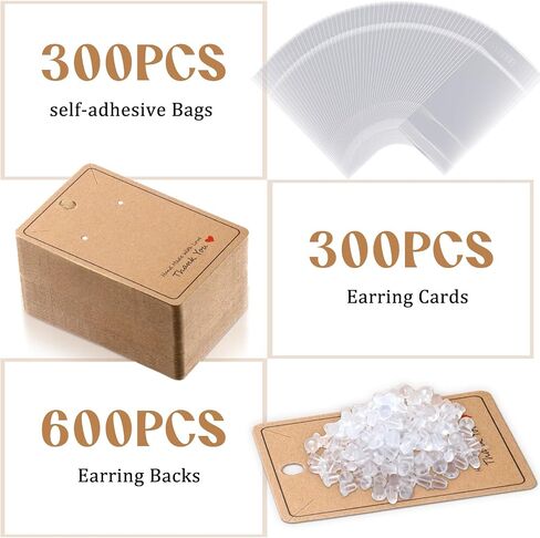 1200 Pcs Earring Card Set, Including 300 Pcs Earring Display Cards, 600 Pcs Earring Backs, 300 Pcs Self Sealing Jewelry Packaging Bags for Earrings Necklace Jewelry, 2.56 x 1.97 Inches in Saudi Arabia