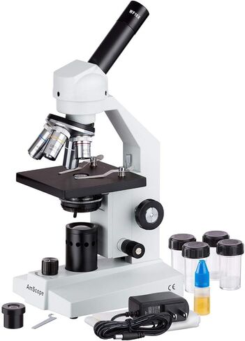 AmScope M500A-LED Cordless Monocular Compound Microscope, WF10x and WF16x Eyepieces, 40x-1600x Magnification, Anti-Mold Optics, LED Illumination, Brightfield, Abbe Condenser, Coarse and Fine Focus, Plain Stage, 110V or Battery in Saudi Arabia