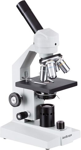 AmScope M500A-LED Cordless Monocular Compound Microscope, WF10x and WF16x Eyepieces, 40x-1600x Magnification, Anti-Mold Optics, LED Illumination, Brightfield, Abbe Condenser, Coarse and Fine Focus, Plain Stage, 110V or Battery in Saudi Arabia