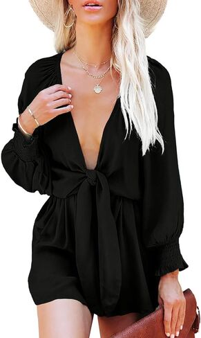 G&Y Long Sleeve Rompers for Women Dressy - Tie Knot Front Sexy V Neck Beach Short Jumpsuits in Saudi Arabia