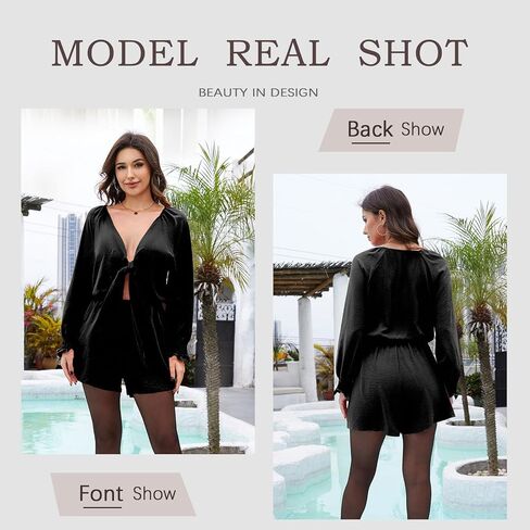 G&Y Long Sleeve Rompers for Women Dressy - Tie Knot Front Sexy V Neck Beach Short Jumpsuits in Saudi Arabia