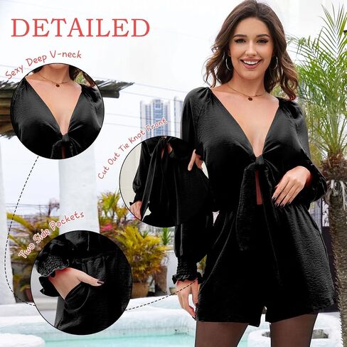 G&Y Long Sleeve Rompers for Women Dressy - Tie Knot Front Sexy V Neck Beach Short Jumpsuits in Saudi Arabia