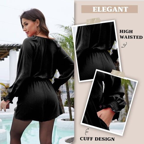 G&Y Long Sleeve Rompers for Women Dressy - Tie Knot Front Sexy V Neck Beach Short Jumpsuits in Saudi Arabia