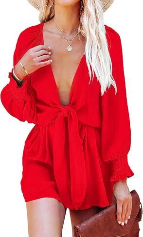 G&Y Long Sleeve Rompers for Women Dressy - Tie Knot Front Sexy V Neck Beach Short Jumpsuits in Saudi Arabia