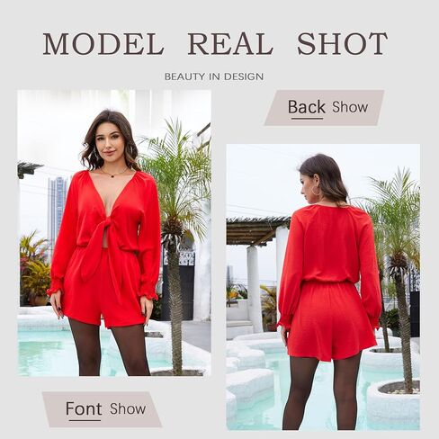 G&Y Long Sleeve Rompers for Women Dressy - Tie Knot Front Sexy V Neck Beach Short Jumpsuits in Saudi Arabia