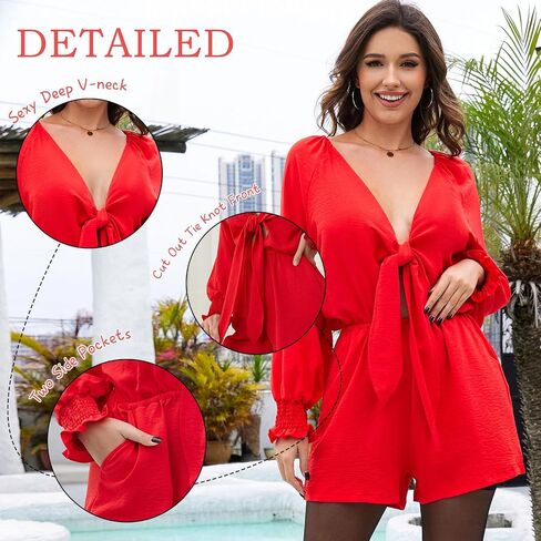 G&Y Long Sleeve Rompers for Women Dressy - Tie Knot Front Sexy V Neck Beach Short Jumpsuits in Saudi Arabia