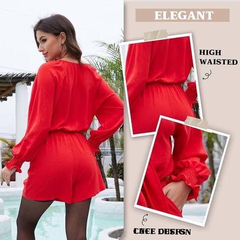 G&Y Long Sleeve Rompers for Women Dressy - Tie Knot Front Sexy V Neck Beach Short Jumpsuits in Saudi Arabia