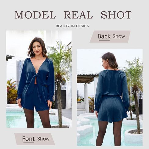 G&Y Long Sleeve Rompers for Women Dressy - Tie Knot Front Sexy V Neck Beach Short Jumpsuits in Saudi Arabia