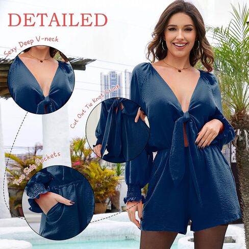 G&Y Long Sleeve Rompers for Women Dressy - Tie Knot Front Sexy V Neck Beach Short Jumpsuits in Saudi Arabia