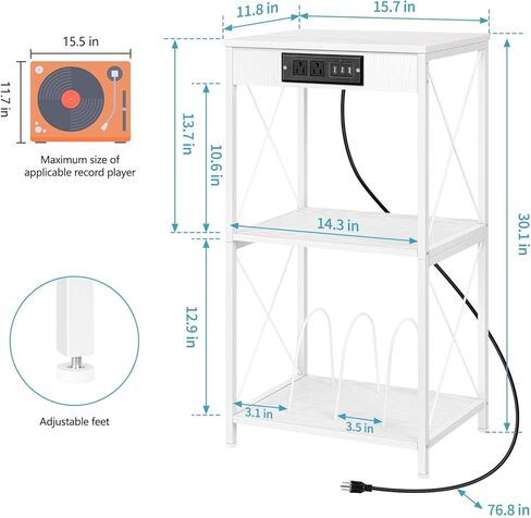Record Player Stand White Vinyl Record Storage Shelf with Charging Station and 3 USB Ports Turntable Stand with 3 Quick-Release Divider Wooden Record Player Table for Up to 150 Albums, White in Kuwait