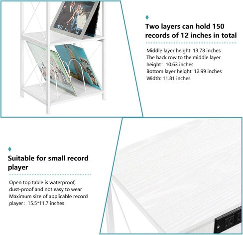Record Player Stand White Vinyl Record Storage Shelf with Charging Station and 3 USB Ports Turntable Stand with 3 Quick-Release Divider Wooden Record Player Table for Up to 150 Albums, White in Kuwait