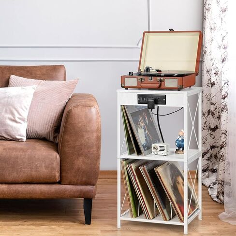 Record Player Stand White Vinyl Record Storage Shelf with Charging Station and 3 USB Ports Turntable Stand with 3 Quick-Release Divider Wooden Record Player Table for Up to 150 Albums, White in Kuwait