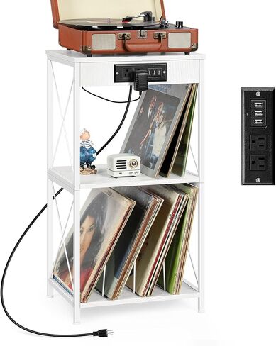 Record Player Stand White Vinyl Record Storage Shelf with Charging Station and 3 USB Ports Turntable Stand with 3 Quick-Release Divider Wooden Record Player Table for Up to 150 Albums, White in Kuwait