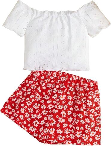 OYOANGLE Girl's 2 Pieces Outfits Eyelet Embroidered Short Sleeve Off Shoulder Tee Top and Set in Saudi Arabia