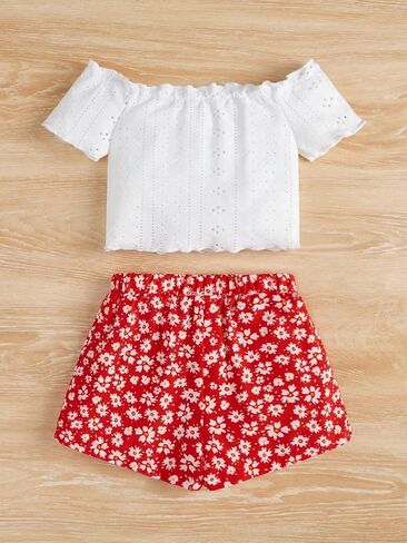 OYOANGLE Girl's 2 Pieces Outfits Eyelet Embroidered Short Sleeve Off Shoulder Tee Top and Set in Saudi Arabia