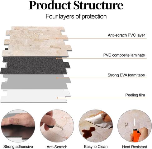 بلاط Yipscazo Backsplash للتقشير واللصق، عصا على البلاط لبلاط المطبخ، زينة الحمام، ديكور الموقد، طاولة الغسيل (12 بوصة × 12 بوصة، 10 ورقات، حجر بألوان متوهجة) in Kuwait