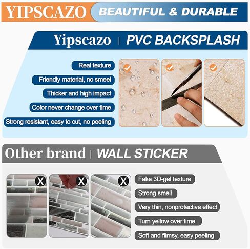 بلاط Yipscazo Backsplash للتقشير واللصق، عصا على البلاط لبلاط المطبخ، زينة الحمام، ديكور الموقد، طاولة الغسيل (12 بوصة × 12 بوصة، 10 ورقات، حجر بألوان متوهجة) in Kuwait