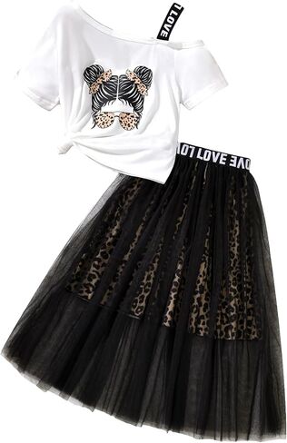 Floerns Girl's Asymmetrical Neck Short Sleeve Tee with Skirt Set Two Piece Outfit in Saudi Arabia