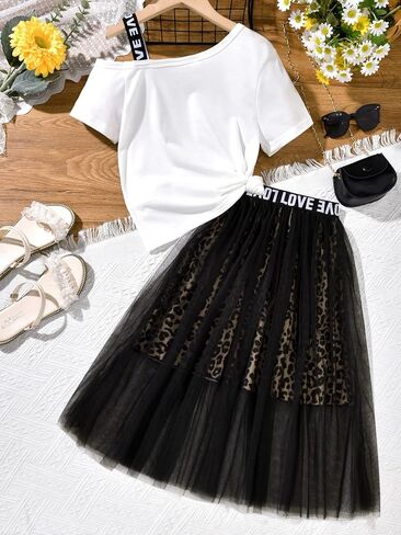 Floerns Girl's Asymmetrical Neck Short Sleeve Tee with Skirt Set Two Piece Outfit in Saudi Arabia
