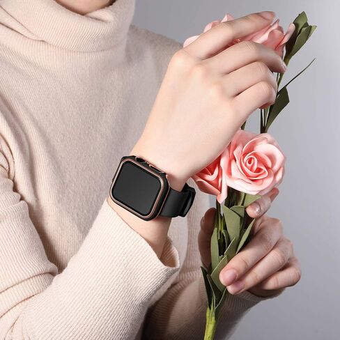 غطاء صلب GEAK متوافق مع حافظة ساعة Apple مقاس 40 مم مع واقي شاشة، غطاء صلب من البولي كربونات بتغطية كاملة مع واقي شاشة بحافة ذهبية وردية للنساء والرجال iWatch 40 مم سلسلة 6/5/4/SE أسود/ذهبي وردي in Kuwait