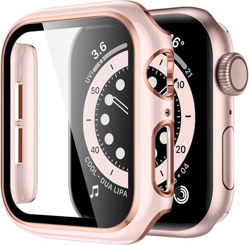 غطاء صلب GEAK متوافق مع حافظة ساعة Apple مقاس 40 مم مع واقي شاشة، غطاء صلب من البولي كربونات بتغطية كاملة مع واقي شاشة بحافة ذهبية وردية للنساء والرجال iWatch 40 مم سلسلة 6/5/4/SE أسود/ذهبي وردي in Kuwait