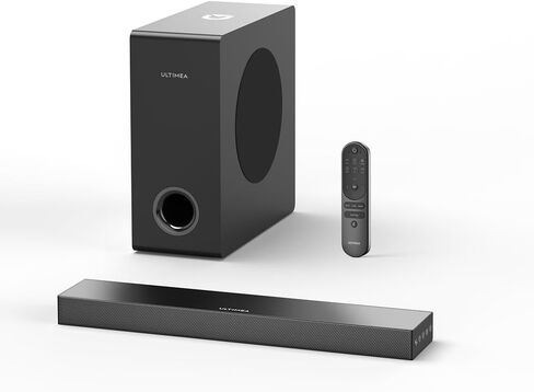 أشرطة صوت ULTIMEA 2.1 قناة للتلفزيون، شريط صوت مسرح منزلي مدمج مع بلوتوث 5.3، شريط صوت مع مضخم صوت سلكي، تعزيز الجهير، يتضمن جهاز تحكم عن بعد in Kuwait