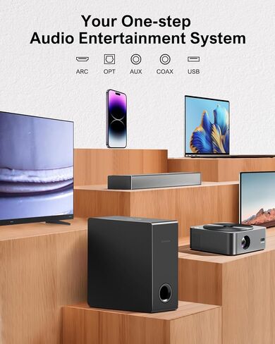 أشرطة صوت ULTIMEA 2.1 قناة للتلفزيون، شريط صوت مسرح منزلي مدمج مع بلوتوث 5.3، شريط صوت مع مضخم صوت سلكي، تعزيز الجهير، يتضمن جهاز تحكم عن بعد in Kuwait