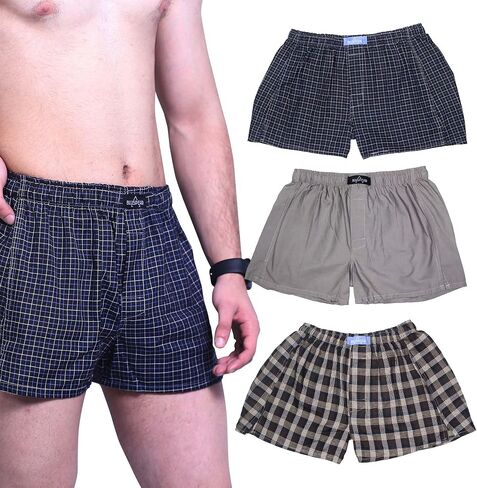 BLUSPEAR 3 Pack Woven Boxers for Men, Cotton-rich Soft Men’s Tag-free Assorted Boxers Shorts with Fly in Saudi Arabia