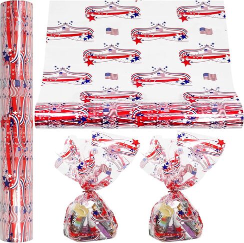 رول تغليف السيلوفان الرابع من يوليو | 100 قدم. طويل × 16 بوصة. واسعة | 2.3 مل لفافة تشيلو مع تصميمات علم الولايات المتحدة الأمريكية | لفافة لف السيلوفان لعيد الاستقلال للحلويات والهدايا والسلال | ورق تغليف حفلات الرابع من يوليو | لفافة السيلوفان الأمريكية in Kuwait