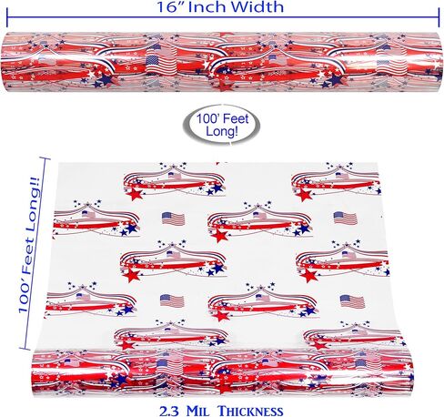رول تغليف السيلوفان الرابع من يوليو | 100 قدم. طويل × 16 بوصة. واسعة | 2.3 مل لفافة تشيلو مع تصميمات علم الولايات المتحدة الأمريكية | لفافة لف السيلوفان لعيد الاستقلال للحلويات والهدايا والسلال | ورق تغليف حفلات الرابع من يوليو | لفافة السيلوفان الأمريكية in Kuwait