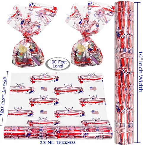 رول تغليف السيلوفان الرابع من يوليو | 100 قدم. طويل × 16 بوصة. واسعة | 2.3 مل لفافة تشيلو مع تصميمات علم الولايات المتحدة الأمريكية | لفافة لف السيلوفان لعيد الاستقلال للحلويات والهدايا والسلال | ورق تغليف حفلات الرابع من يوليو | لفافة السيلوفان الأمريكية in Kuwait