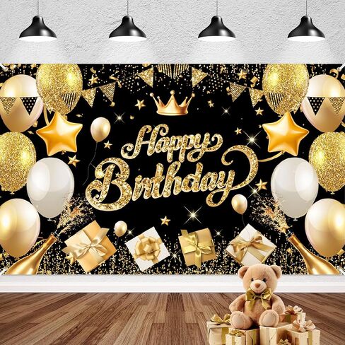 Happy Birthday Banner Backdrop Black and Gold - 71 x 43 IN Fabric - Large Happy Birthday Sign for Backdrop, Birthday Party Photo Background Decorations for Men Women in Saudi Arabia