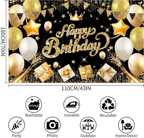Happy Birthday Banner Backdrop Black and Gold - 71 x 43 IN Fabric - Large Happy Birthday Sign for Backdrop, Birthday Party Photo Background Decorations for Men Women in Saudi Arabia