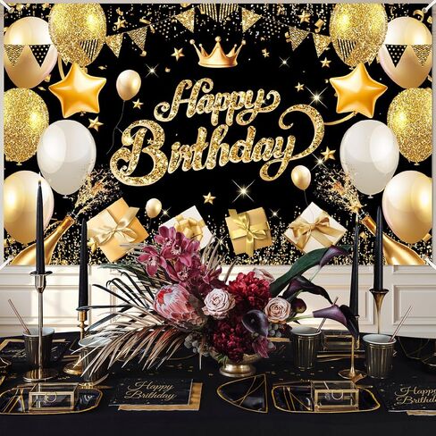 Happy Birthday Banner Backdrop Black and Gold - 71 x 43 IN Fabric - Large Happy Birthday Sign for Backdrop, Birthday Party Photo Background Decorations for Men Women in Saudi Arabia