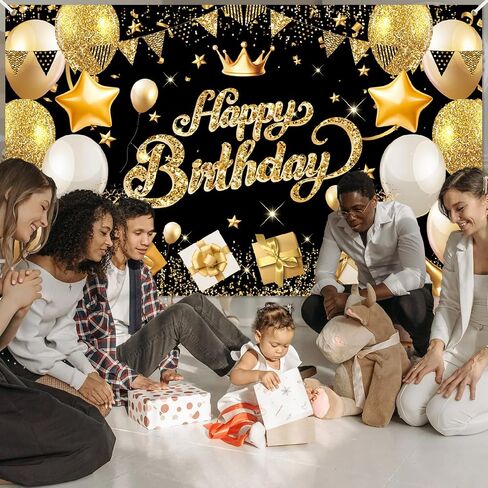 Happy Birthday Banner Backdrop Black and Gold - 71 x 43 IN Fabric - Large Happy Birthday Sign for Backdrop, Birthday Party Photo Background Decorations for Men Women in Saudi Arabia