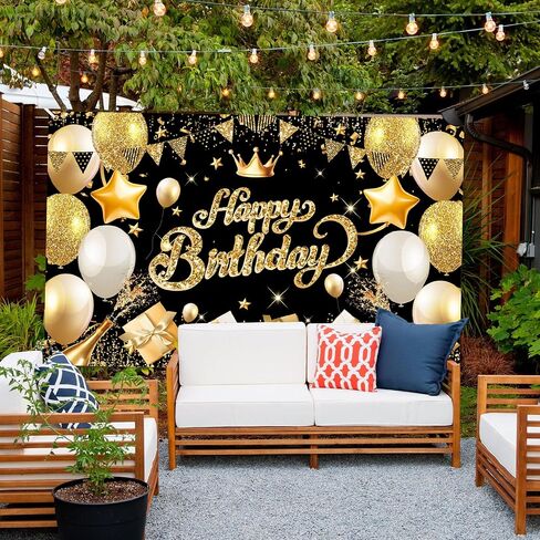 Happy Birthday Banner Backdrop Black and Gold - 71 x 43 IN Fabric - Large Happy Birthday Sign for Backdrop, Birthday Party Photo Background Decorations for Men Women in Saudi Arabia