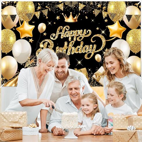 Happy Birthday Banner Backdrop Black and Gold - 71 x 43 IN Fabric - Large Happy Birthday Sign for Backdrop, Birthday Party Photo Background Decorations for Men Women in Saudi Arabia