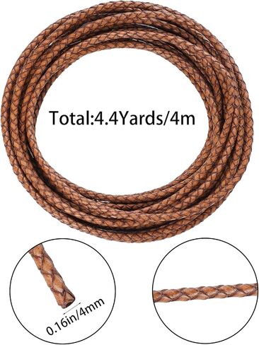 Lystaii 5.5 ياردة سلك جلد طبيعي 4 مم دائري مضفر سلك جلد بولو شريط جلد بني تجديل حزام جلدي عتيق بطول 5 متر لقلادة السوار الديكور DIY (بني) in Kuwait