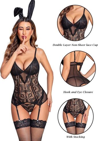Avidlove Sexy Lingerie Set for Women Naughty Tummy Control Lingerie Garter Boudoir Outfits Black + Stocking in Saudi Arabia