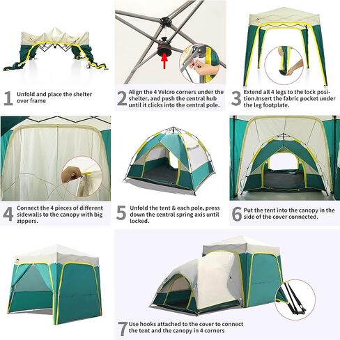 خيمة CROWN SHADES Camp Dome النموذجية مع مظلة فورية بقفل مركزي حاصلة على براءة اختراع مقاس 6.5 × 6.5 بوصة، مع 4 أكياس وزن و4 حبال و8 أوتاد، باللون الأخضر والرمادي in Kuwait