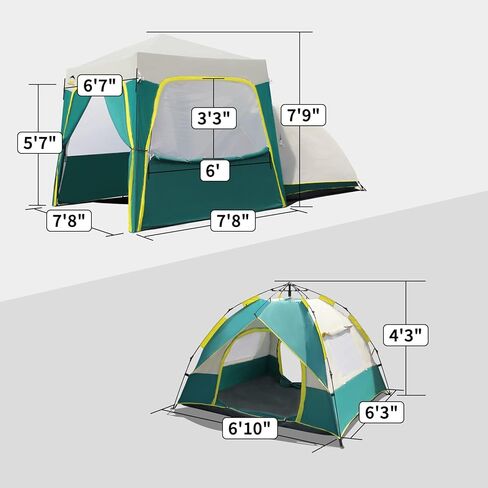 خيمة CROWN SHADES Camp Dome النموذجية مع مظلة فورية بقفل مركزي حاصلة على براءة اختراع مقاس 6.5 × 6.5 بوصة، مع 4 أكياس وزن و4 حبال و8 أوتاد، باللون الأخضر والرمادي in Kuwait
