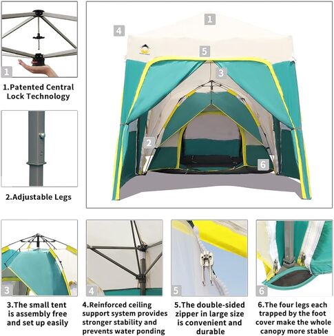 خيمة CROWN SHADES Camp Dome النموذجية مع مظلة فورية بقفل مركزي حاصلة على براءة اختراع مقاس 6.5 × 6.5 بوصة، مع 4 أكياس وزن و4 حبال و8 أوتاد، باللون الأخضر والرمادي in Kuwait