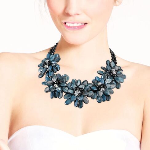 AeraVida Adjustable Elegant Black Mother of Pearl and Crystals Floral Bib Collar Necklace | Chunky Vintage Jewelry | 18 inch in Saudi Arabia