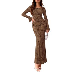 PRETTYGARDEN Women's Floral Bodycon Maxi Dress 2025 Fall Elegant Mesh Long Sleeve Formal Wedding Guest Cocktail Dresses in Kuwait