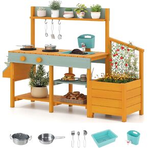 INFANS Mud Kitchen, Outdoor Play Kitchen with Faucet Chalkboard Stoves Removable Sink Cooking Accessories Wooden Kids Kitchen Playset Backyard Garden Toys Gift for Boys Girls Ages 3+ in Kuwait