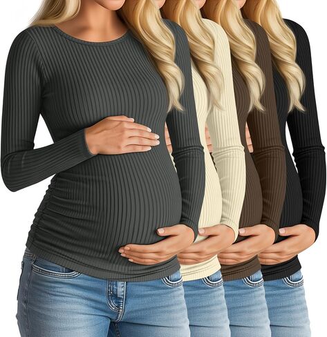 Huukeay 4 Pack Women's Maternity Shirts, Long Sleeve Cotton Ribbed Pregnancy Tops Side Ruched Crew Neck Casual Mama Clothes in Saudi Arabia