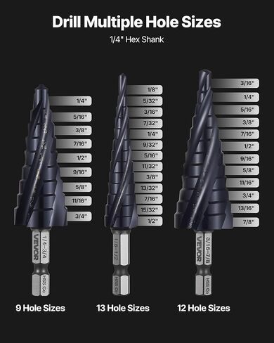 مجموعة رؤوس مثقاب VEVOR Step، 1/8-7/8 بوصة، 3 قطع لقم ثقب متدرج، ساق سداسية 1/4 بوصة، فولاذ عالي السرعة مطلي بكوبالت HSS من TiAlN، للمعادن والفولاذ المقاوم للصدأ والألومنيوم والخشب والبلاستيك والألياف الزجاجية in Saudi Arabia